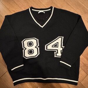 Mango Black V-Neck Knit Sweater with White '84' Detailing